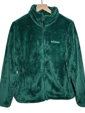 Columbia Women Large Fire Side Zip Up Jacket Emerald Green Sherpa Cabincore Camp